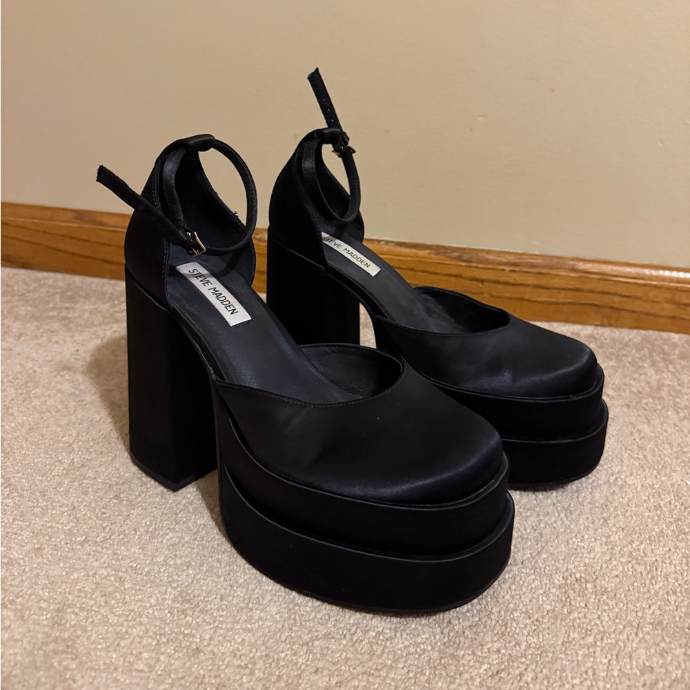 Steve Madden Black Satin Charlize Platform Heels